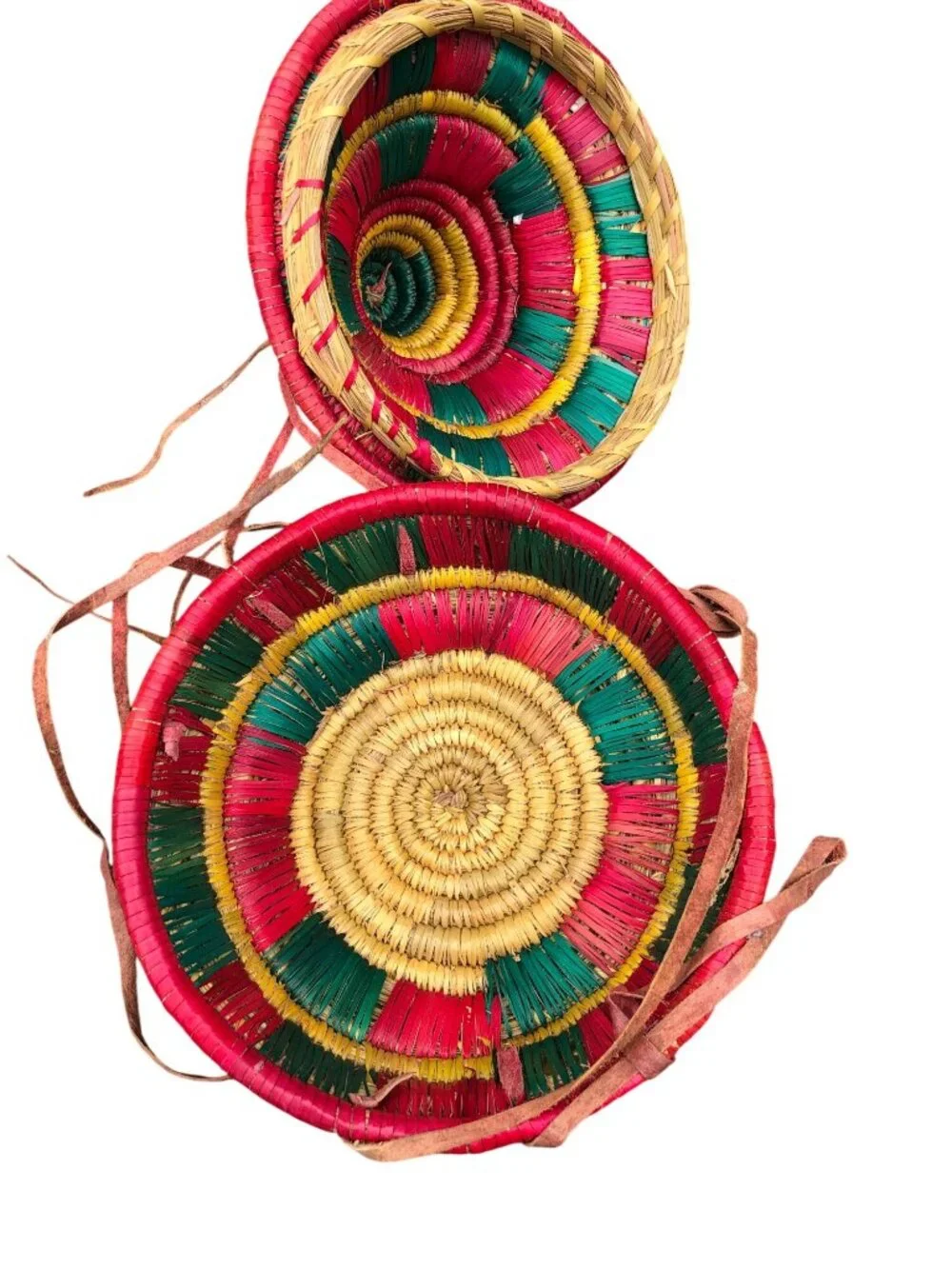 Ethiopian Handwoven Multi-Color Coiled Basket Lid Leather Straps Traditional Des
